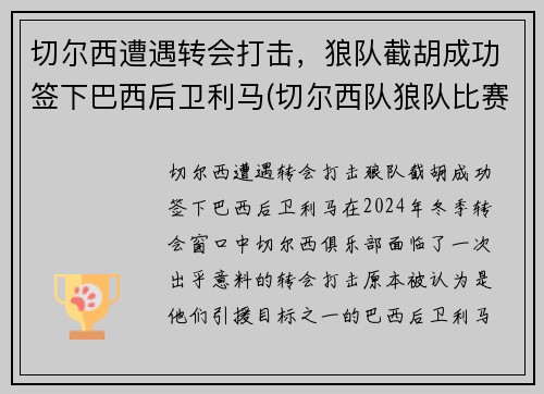 切尔西遭遇转会打击，狼队截胡成功签下巴西后卫利马(切尔西队狼队比赛结果)