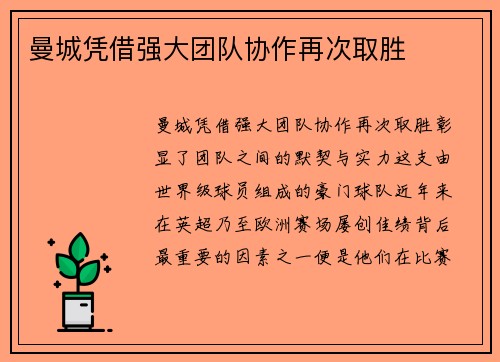 曼城凭借强大团队协作再次取胜