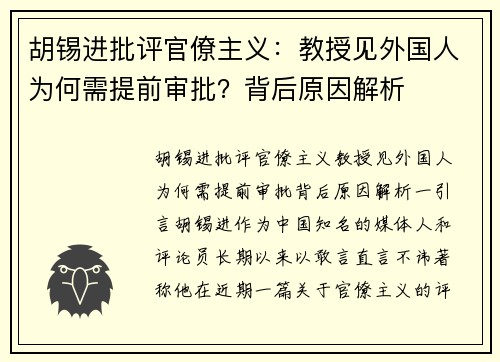 胡锡进批评官僚主义：教授见外国人为何需提前审批？背后原因解析