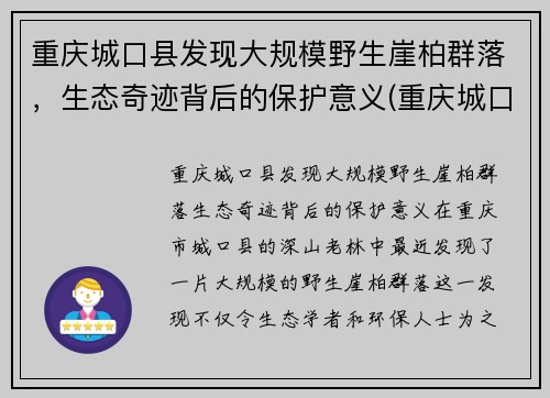 重庆城口县发现大规模野生崖柏群落，生态奇迹背后的保护意义(重庆城口崖柏介绍)