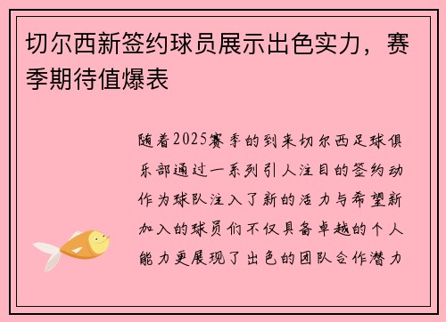 切尔西新签约球员展示出色实力，赛季期待值爆表