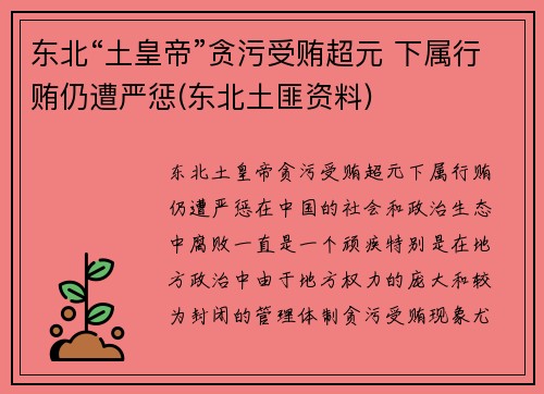 东北“土皇帝”贪污受贿超元 下属行贿仍遭严惩(东北土匪资料)