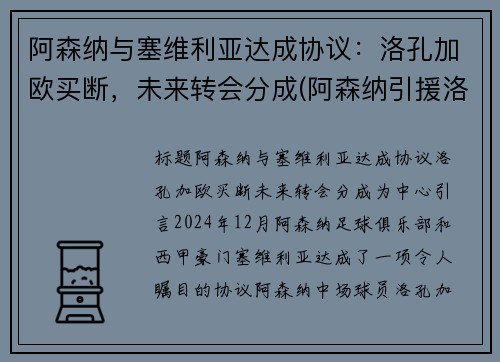 阿森纳与塞维利亚达成协议：洛孔加欧买断，未来转会分成(阿森纳引援洛孔加)