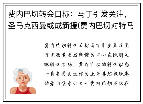 费内巴切转会目标：马丁引发关注，圣马克西曼或成新援(费内巴切对特马卡比)